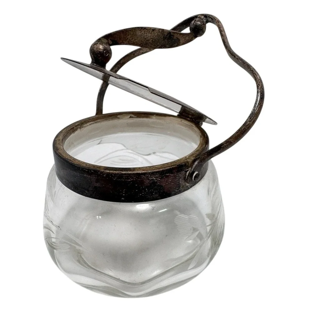 Antique Etched Glass Jam Jar Silver Plate Hinge Lid Handle Victorian condiment